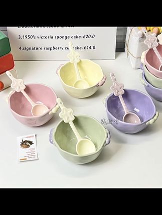 韩系糖豆米饭碗陶瓷双耳碗少女心甜品碗家用吃饭碗可爱碗勺餐具#好物推荐🔥 #厨房餐具 #网红陶瓷餐具 #创意陶瓷 #碗