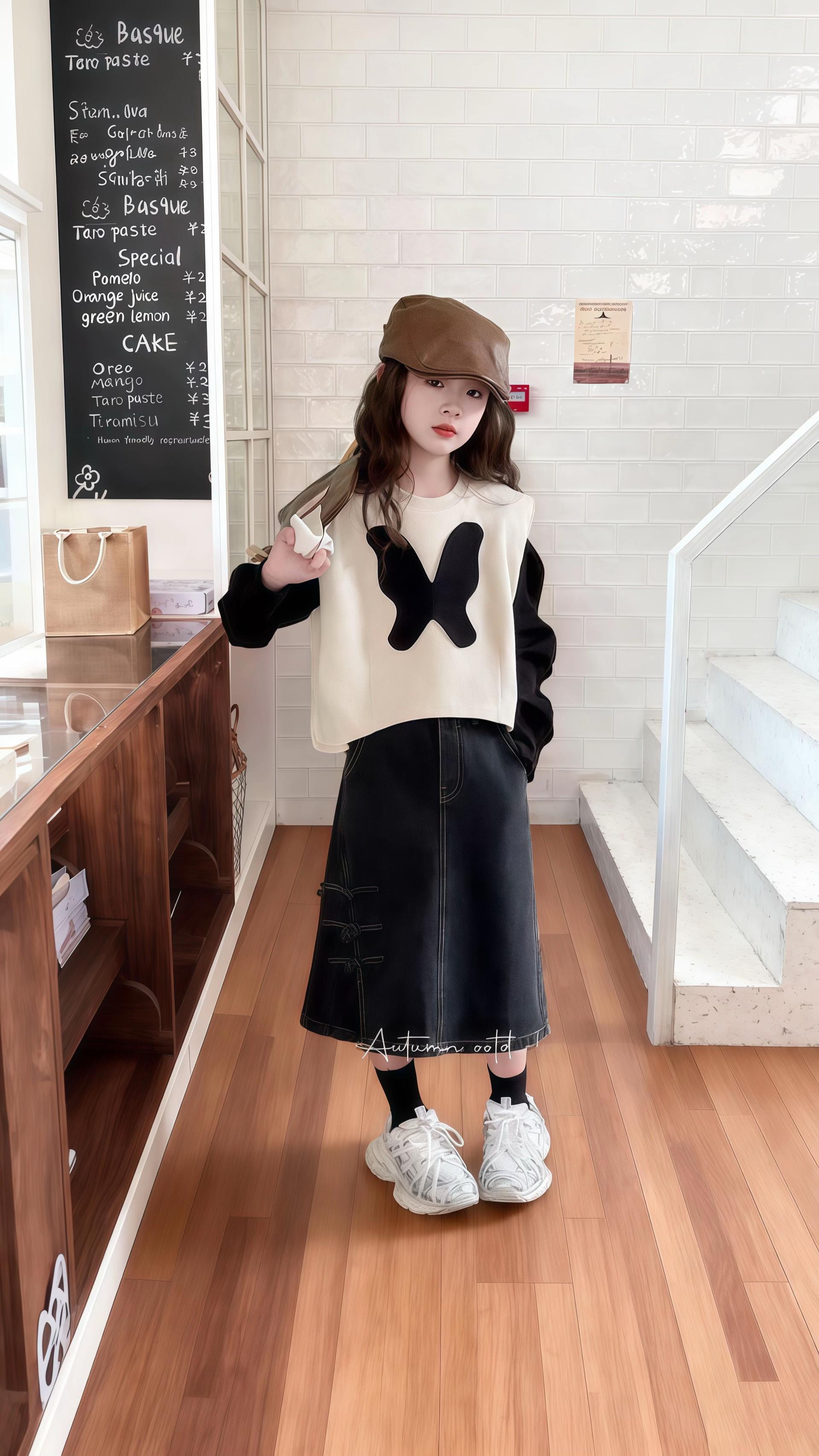 女童蝴蝶马甲盘扣牛仔裙三件套。#高品质童装 #学院风穿搭 #生女儿就要这样穿 #甜美穿搭 #潮童穿搭