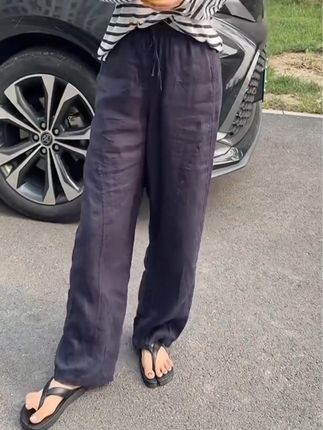 #谁穿谁好看 #爆款热卖中 #显瘦显高显腿长 #亚麻直筒裤 #休闲减龄穿搭