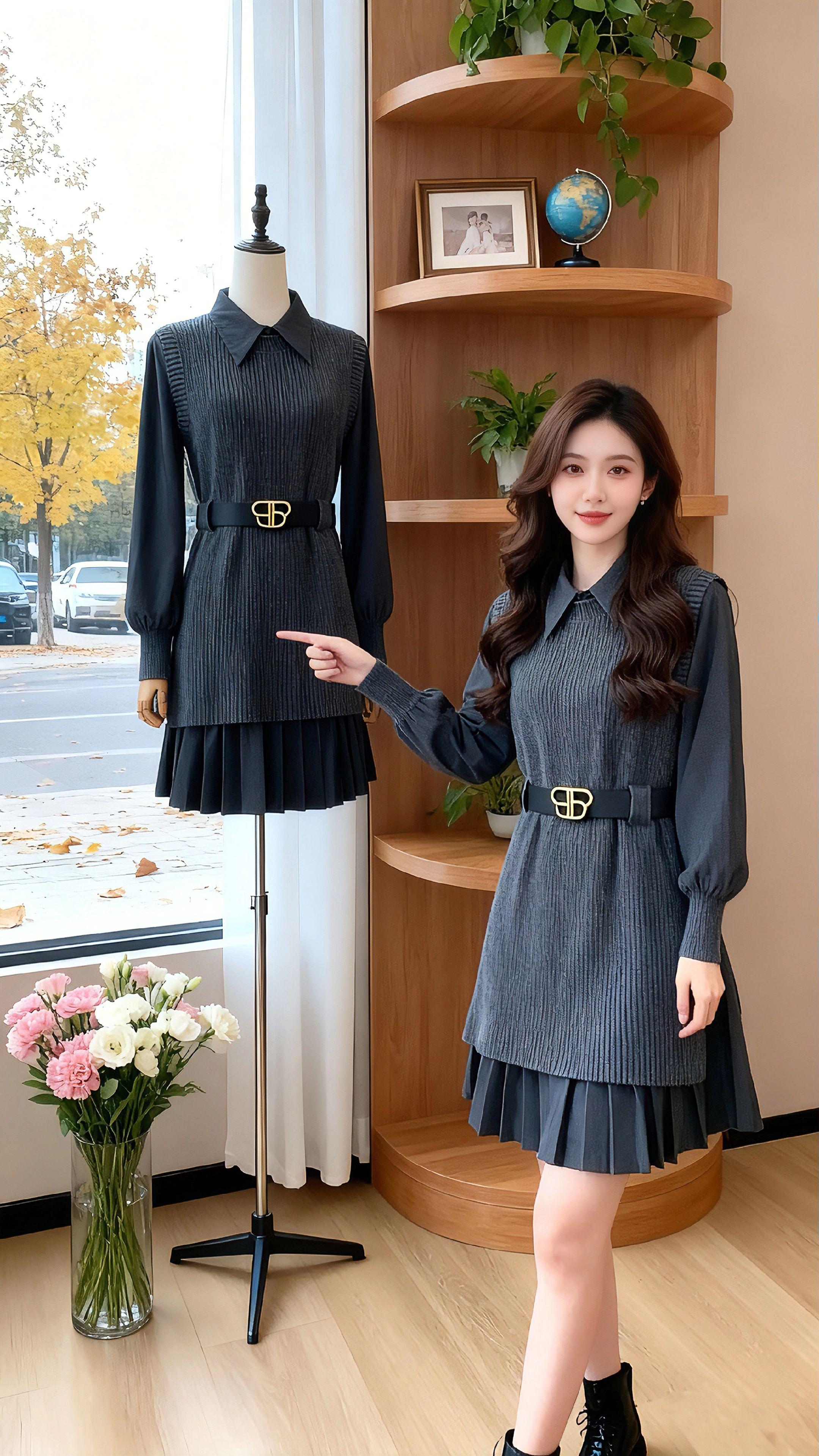 《针织马甲与百褶衬衫裙的优雅碰撞》当针织的温柔遇上衬衫的利落,便成就了这套秋日氛围感满满的穿搭套装。深灰色针织马甲纹理细腻,贴身不紧绷,为整体造型奠定了温暖知性的基调;内搭的翻领衬衫裙,面料挺括有型,灯笼袖设计复古又俏皮,下摆的百褶元素则为穿搭注入了灵动活力。 腰间的金属扣腰带是点睛之笔,不仅巧妙勾勒出腰线,更以精致细节提升了整套穿搭的时尚感。深灰主色调低调高级,适配职场通勤的干练,也能hold住日常出街的休闲,搭配黑色短靴,简约中透着精致,轻松打造出秋日里优雅又不失活力的女性形象。无论是在办公室展现专业气场,还是在街头享受秋日风光,这套穿搭都能让你成为人群中从容又时髦的存在#秋冬穿搭实用主义 #气质穿搭  #自信就是小个子最好的穿搭 #收腰显瘦 #赫本风