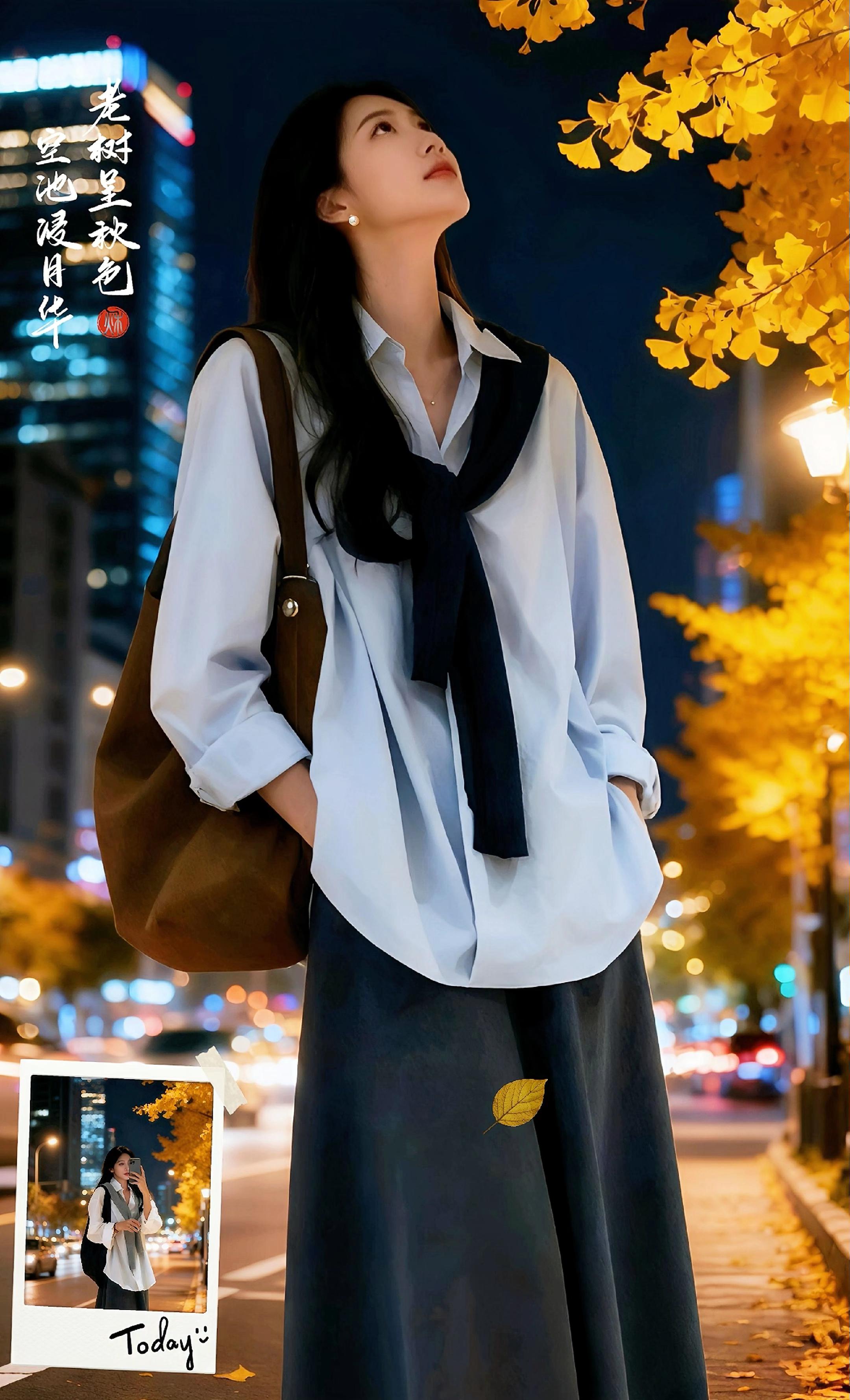 韩系穿搭,一件解锁气质与诗意!深秋的都市夜晚,林薇结束了一天的工作,穿着韩系套装走在铺满银杏叶的街头。她的蓝色衬衫垂坠又挺括,藏青色系带随意打了个结,为简约的款式添了几分灵动;灰色半身裙高腰A字的版型,让她迈步时裙摆轻轻晃动,优雅又自在。 她习惯了在通勤时用这套穿搭,衬衫的宽松度让挤地铁也毫无束缚感,半身裙的长度则在踏入写字楼的瞬间,就为她衬出专业又不失温柔的气场。此刻,她停下脚步抬头看金黄的银杏叶,白天提案时的紧张仿佛被晚风卷走——原来这套看似简约的套装,早已在无数个日常里,成为她平衡职场与生活诗意的秘密,让她在忙碌中也能从容做自己。#通勤穿搭万能配色公式 #慵懒风穿搭#秋天变时髦从韩系穿搭开始#早秋冷冽又随性的气质穿搭 #高级感穿搭
