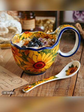 向日葵一杯一勺两件套釉下彩波兰彩陶瓷餐具喝豆浆咖啡杯子视频同款