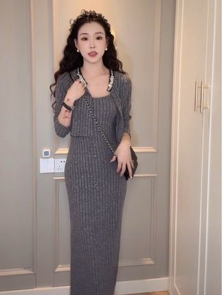 秋季显瘦亮片长袖小香风外套修身气质中长款连衣裙两件套装8080#穿搭不重样 #时髦穿搭 #穿出自己的风格 #ootd穿搭 #高级感穿搭
