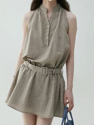 法式条纹挂脖露肩腰带短裙女夏季撞色显瘦连衣裙短裙#百搭#宽松#显瘦#收腰#法式