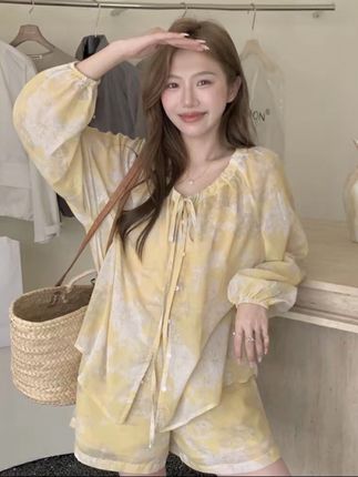 #甜美穿搭 度假风女复古印花衬衫+阔腿短裤两件套2536#套装#衬衫#短裤#上衣