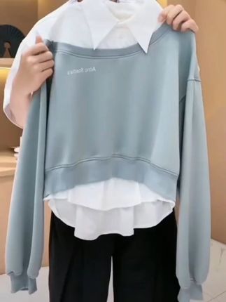 【韩哥女装】秋冬《水仙》水兰色拼接衬衫领假两件卫衣#时髦穿搭 #时尚气质穿搭 #春秋新款 #潮流时尚穿搭 #时尚休闲穿搭@DOU+小助手