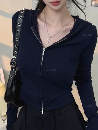 2025春秋连帽短款设计感上衣女拉链甜辣显瘦长袖T恤开衫潮#长袖t恤 #连帽卫衣 #显瘦穿搭 #连帽衫 #上衣女