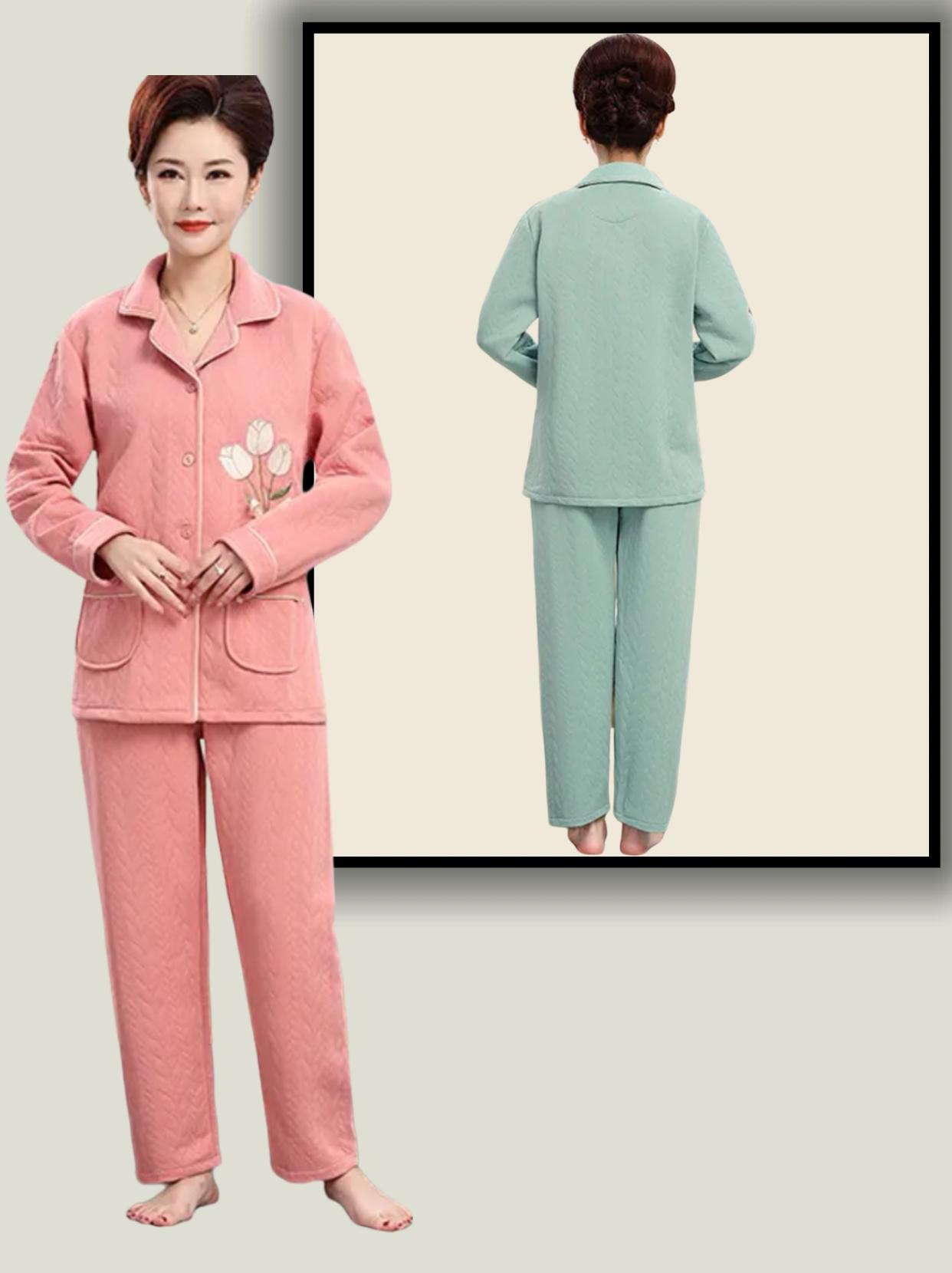 【中年妈:/ 妈睡衣女纯棉长袖加厚空气棉中老年女士冬季保暖夹层家居服】