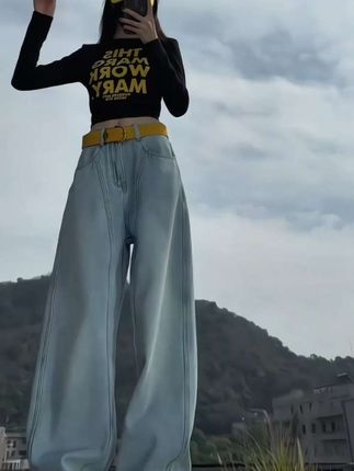 艾洛莎秋季裤子#女装穿搭 新款阔腿牛仔裤高腰弯刀裤#春秋穿搭 #休闲百搭 #个性穿搭