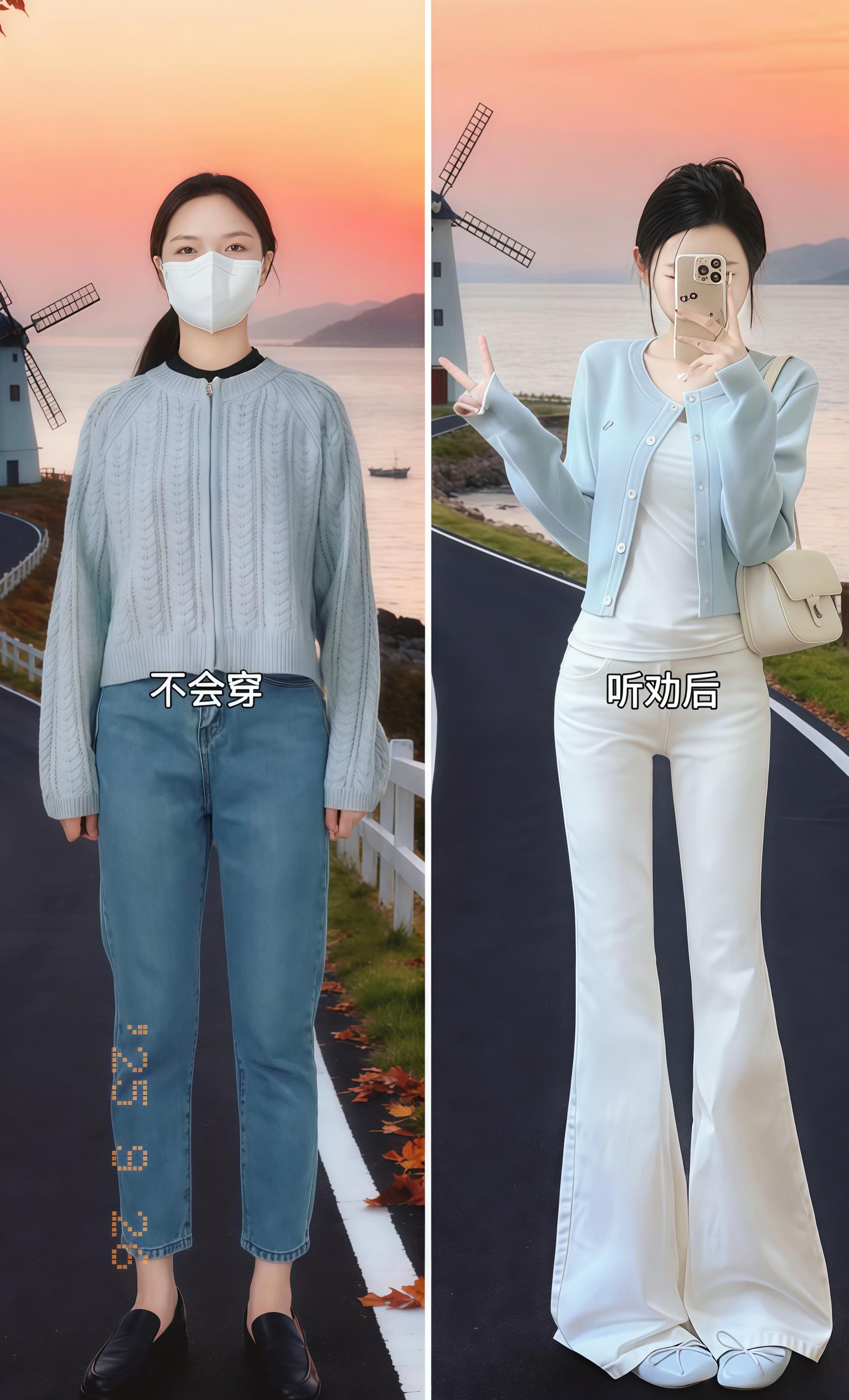 浅蓝针织开衫+白色喇叭裤|早秋清新感穿搭就该这么穿 这套浅蓝针织开衫搭配白色喇叭裤,把早秋的清新感拿捏得刚刚好~ 软糯的针织开衫温柔又显白,短款版型还能拉长比例;白色喇叭裤垂感绝绝子,微喇设计修饰腿型,穿上秒变“腿精”! 内搭简约白T,再挎个小白包,不管是日常出街还是和小姐妹约咖啡,都清新又有格调,妥妥的早秋穿搭模板~ #早秋清新穿搭 #针织开衫搭配 #喇叭裤显瘦 #小个子显高穿搭 #高级感穿搭 @DOU+上热门 @DOU+小助手