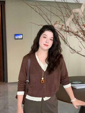WenWen小个子韩版双层纽扣设计假两件针织开衫2025秋新上衣4354#面料柔软透气舒适#时尚洋气#减龄百搭#谁穿谁喜欢