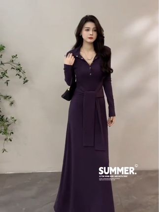 【大婷婷】新款秋季设计感纽扣连衣裙修身显瘦绑带女装长裙DT1568