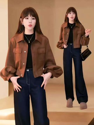 韩版复古设计感小个子翻领外套女春秋新款休闲洋气夹克上衣 女春秋短款外套#外套穿搭 #春秋穿搭 #新款休闲夹克上衣#春秋新款穿搭 #韩版上衣