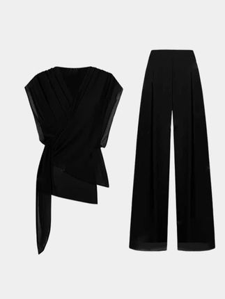 #上热门 【两件套】轻奢时尚显瘦百搭V领不规则衬衣+休闲阔腿裤套装D1843