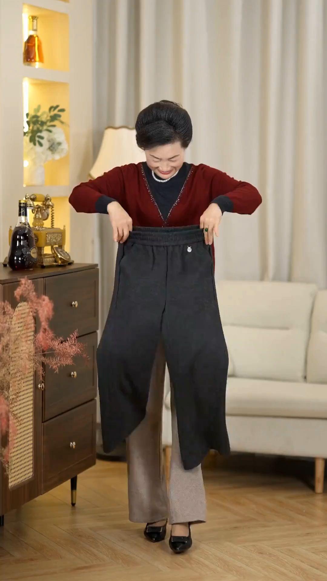 春秋软毛呢直筒裤微阔人字纹高腰宽松休闲裤中年妈妈时尚大码长裤