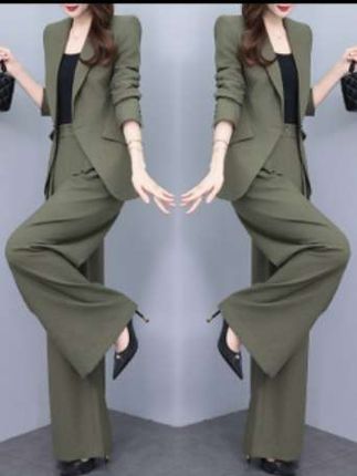 高端三件套西装女2025春季新款高腰阔腿裤时尚气质绿色西服套装潮