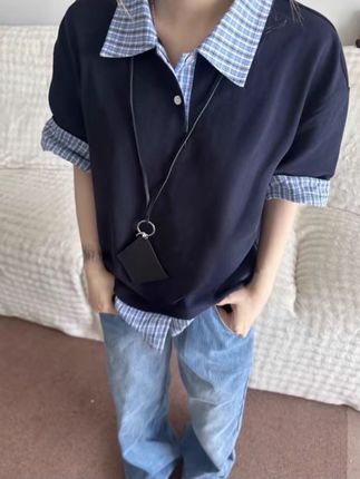 藏蓝色假两件拼接格纹polo领短袖衬衫t恤美式复古夏季男友风系#今日穿搭 #百搭t恤 #工装裤女又酷又飒 #小众设计师休闲套装 #短袖t恤女ins潮