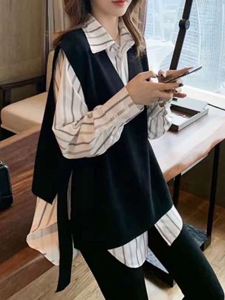 大码女装遮肚子长袖条纹衬衣女春秋季胖mm宽松显瘦衬衫马甲两件套#好物推荐🔥 #两件套 #谁穿谁好看 #穿搭 #爆款热卖中