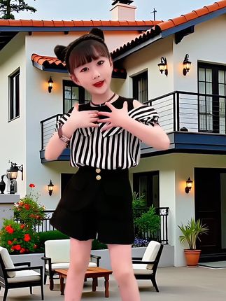 #学院风穿搭 女童条纹套装2025夏季新款中时尚韩版夏季洋气时髦条纹露肩裙裤套#骗你生女儿 #女童套装