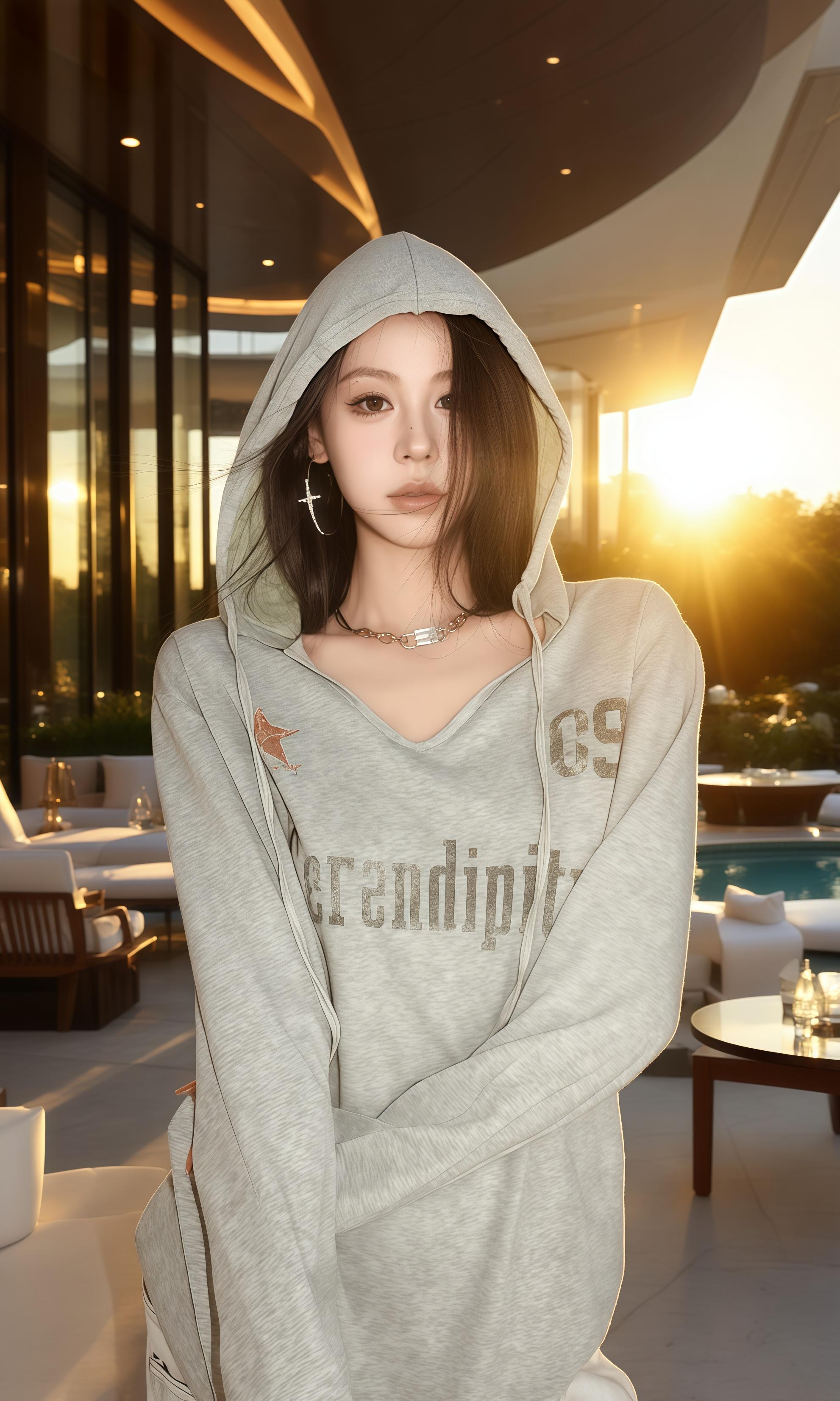 《余晖下的慵懒格调》当黄昏的金辉漫过露天泳池,她裹着浅灰色连帽卫衣,在奢华宅邸的露台自成一景。 卫衣上“Serendipity”的字样与做旧印花,藏着不期而遇的浪漫;V领与宽松廓形,把随性慵懒揉进骨相。金属项链与十字耳饰碰撞出冷冽锋芒,却在柔光里晕出几分温柔,一如她眸中落满的夕阳,一半是飒爽,一半是温热。 身后的玻璃幕墙折射着暮色,躺椅与圆桌在余晖里静默,整个空间都因她的存在,成了都市里的一处秘境——慵懒是她的铠甲,格调是她的勋章,在这片刻的安宁里,时光也忍不住为她慢下脚步。#卫衣穿搭 #甜酷女孩 #显瘦穿搭 #ootd每日穿搭 #早秋穿搭灵感