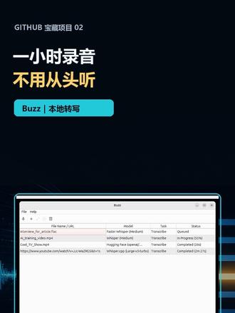 别再一遍遍听录音了,这个开源软件能直接变成文字 #真实生活分享计划 一小时的会议录音、采访素材或者课程视频,最麻烦的不是录下来,而是之后还要重新听一遍。
Buzz是一个可以在电脑本地运行的音视频转写工具,能够生成带时间信息的文字,并导出TXT、SRT和VTT。
适合整理会议、制作字幕、处理采访和复习课程。
重要内容仍然需要人工复核,但它至少能把“从头听一遍”,变成“直接搜索和修改”。#GitHub#语音转文字 #视频字幕 #会议纪要
