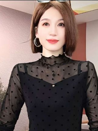 黑色波点网纱打底衫女内网红时髦小衫黑色长袖T恤百搭上衣秋冬潮t#新款显瘦打底衫