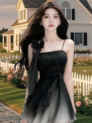 时尚氛围感甜美风少女感黑色一字肩吊带收腰设计感连衣裙气质短裙#好身材好气质 #大长腿小蛮腰 #短裙穿搭 #这也太好看了