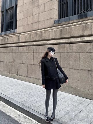 黑色外套女冬季大衣双排扣中长款翻领宽松复古