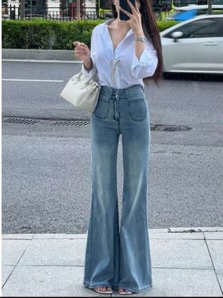 浅色高腰宽松阔腿微喇牛仔裤女25秋季新款小个子显瘦弹力拖地长裤#强烈推荐 #显高显瘦显腿长 #牛仔裤 #百搭裤子 #洋气