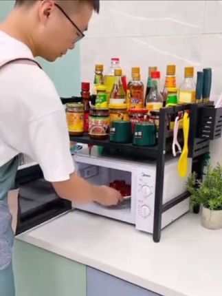 厨房伸缩置物架双层收纳微波炉烤箱电饭煲调味品架多功能实用