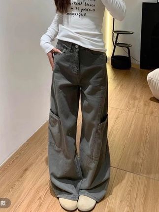 灰色阔腿微喇叭工装牛仔裤女2025早秋季新款宽松显瘦加长拖地裤子#百搭#微喇叭牛仔裤#宽松显瘦#加长拖地裤子#早秋新款