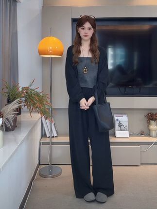 Y33B21-韩版时尚休闲针织衫披肩吊带阔腿裤三件套装#爆款热卖中 #面料柔软舒适 #我要上热门🔥