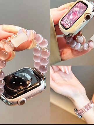 适用苹果手表iwatch10表带透气弹力猫眼丁香紫水晶链ap