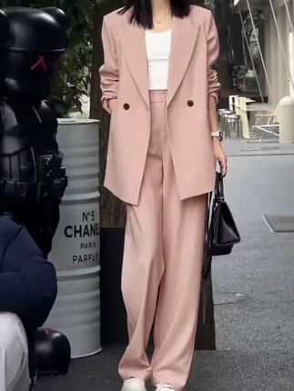 2025春秋西装外套女大码女装阔腿裤套装粉色宽松西服女#穿出高级感 #女装 #今日穿搭 #高级感穿搭 #女装穿搭