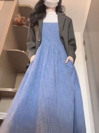 【西西里安】 海岛热恋~秋日叠穿色织渐变蓝格子吊带连衣裙