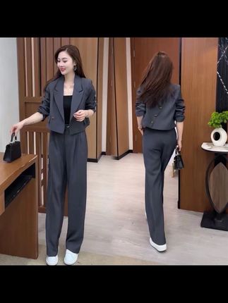 小西装套装女2024春秋新款时尚网红气质洋气小个子职业阔腿两件套#通勤搭配
