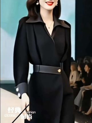 春秋赫本风高知穿搭大方得体的小黑裙显瘦收腰长袖连衣裙子女长裙#优雅气质 #穿出自信穿出美丽