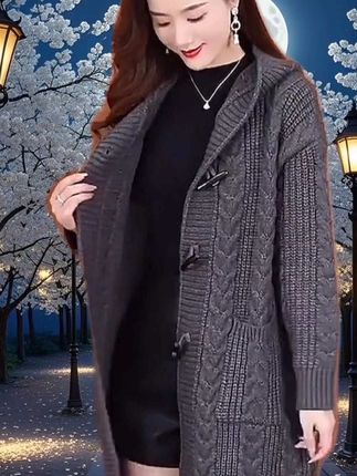 新款 秋冬毛衣洋气针织外搭开衫,中长款连帽胖mm大码外套#时尚气质穿搭 #穿出自信穿出美丽