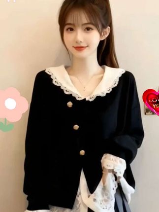大码设计感假两件蕾丝拼接V领卫衣女秋季胖M宽松显瘦百搭洋气上衣#时尚穿搭@DOU+小助手