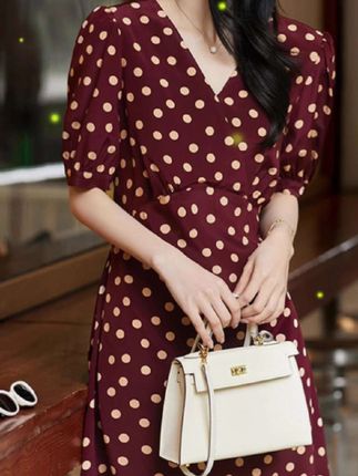 波点真丝茶歇裙 双绉桑蚕丝V领连衣裙短袖高腰中长款裙子夏季女装