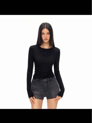 CLIMAX VISION天丝羊毛十字花满天星烫钻短款显瘦长袖T恤打底衫#强烈推荐 #ootd穿搭 #穿搭 #显瘦穿搭 #T恤