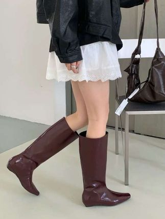 新款时尚小方头低跟长靴#女不过膝直筒高筒皮靴#内增高骑士靴#优雅气质 #哎呦喂你鞋真好看