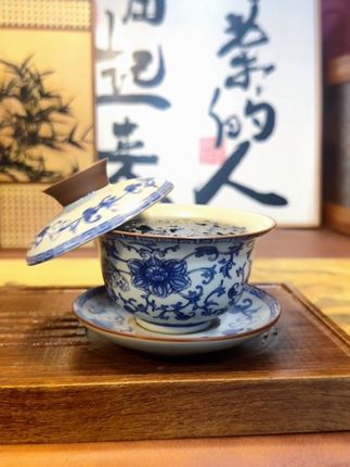 米黄汝窑青花三才盖碗单个高档悬停旋转泡茶杯陶瓷不烫手功夫茶具#茶叶 #下午茶 #茶生活 #茶人茶事 #茶友