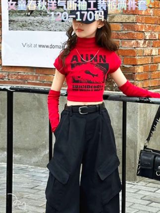 120-170码女童春装套装洋气时髦断袖打底衫中大童工装裤两件套#女童工装裤套装 #夏季穿搭 #上热门🔥