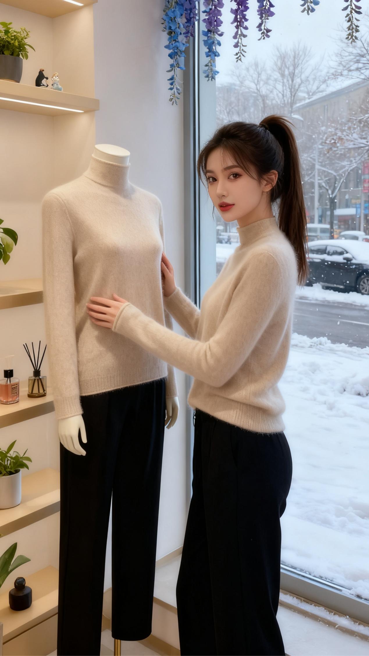 雪落的冬日,她裹着浅驼色高领衫立在窗边,软绒的针织像浸了阳光的云。模特身上是同色的温柔,指尖碰上去时,暖调灯光裹着香薰的雾。后来她拢着白猫,毛茸的团儿蜷在臂弯,窗外街景覆了雪,车辙碾出细碎的银。沙发的软、花束的蓝,都浸在冬的静里——这日子是织就的软衫,裹着烟火气的暖,连落雪都轻得像句温柔的絮语。#来双11解锁秋冬本命穿搭#秋冬穿搭实用主义 #百搭针织衫