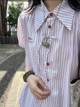日系复古短袖条纹衬衫女2025新款夏季宽松薄款休闲衬衣学院风上衣#夏季穿搭 #衬衣穿搭 #韩系穿搭