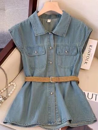 牛仔衬衫女春夏季新款高级感马甲飞飞袖开衫外套上衣#品质女装 #休闲上衣#时尚上衣#女士上衣#夏季新款