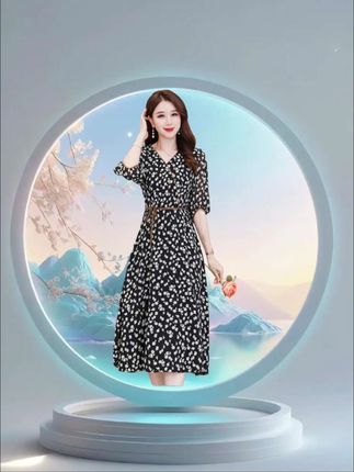 #碎花连衣裙#过膝新款韩版夏季气质女神范显瘦时尚减龄a字裙子