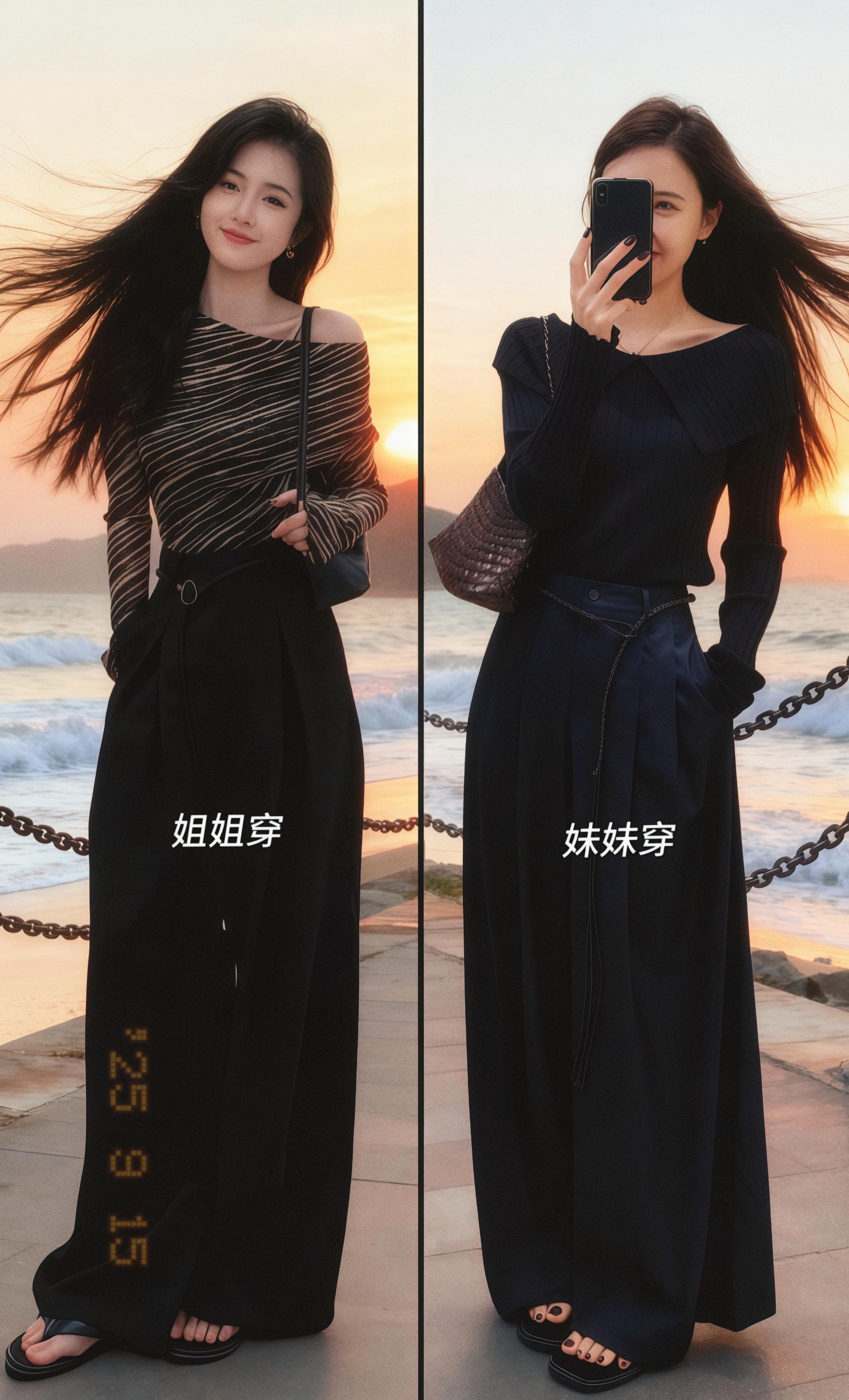 暮色浸染的海边栈道,成了她的专属秀场。黑色露肩针织衫,似有若无地展露着精致肩颈,坑条纹路在余晖里漾出细腻质感,衬得她身姿愈发窈窕。下身阔腿长裤垂坠感很好,如暗夜流水般慵懒铺开,腰间链条腰带轻轻一系,随性中又添了分精致巧思。她斜挎着编织纹包包,脚踩简约黑色凉鞋,长发被海风肆意吹拂。远处,落日熔金,将海面与天空晕染成暖橙色调,海浪翻涌着碎银般的光,身后山峦在暮色里晕出朦胧轮廓,这一切,都成了她衣装最浪漫的背景,让她仿若从画中走来,优雅又充满故事感。#轻松解锁秋季穿搭 #学会穿搭技巧真的很重要#早秋穿搭公式来了#早秋不费力显贵穿搭 #优雅气质