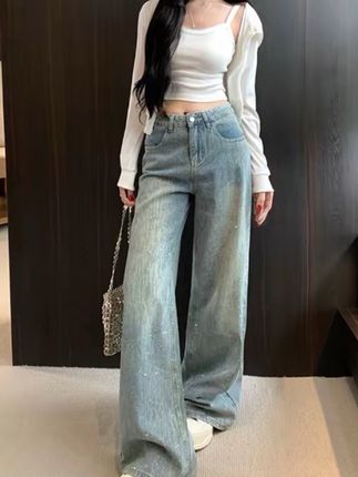 银河碎钻重工阔腿牛仔裤女2025早秋新款高腰宽松遮肉显瘦拖地长裤#浅跳系列 #连衣裙白色 #跳舞的 #白色连衣裙 #长裙白色